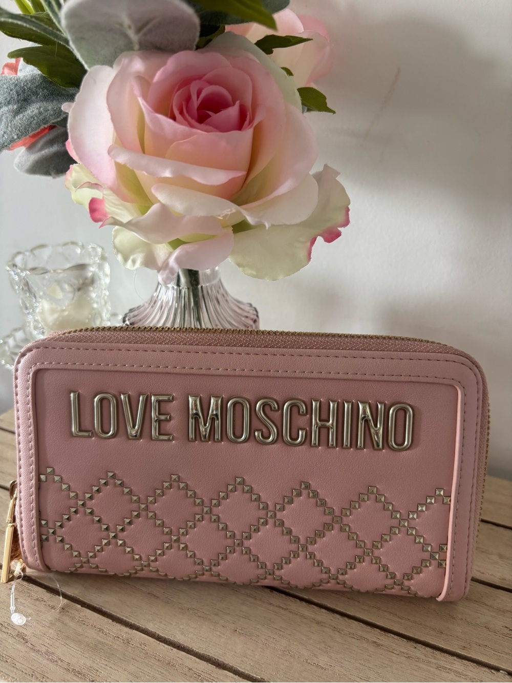 Love Moschino Pink Quilted Zip Wallet with Gold Logo